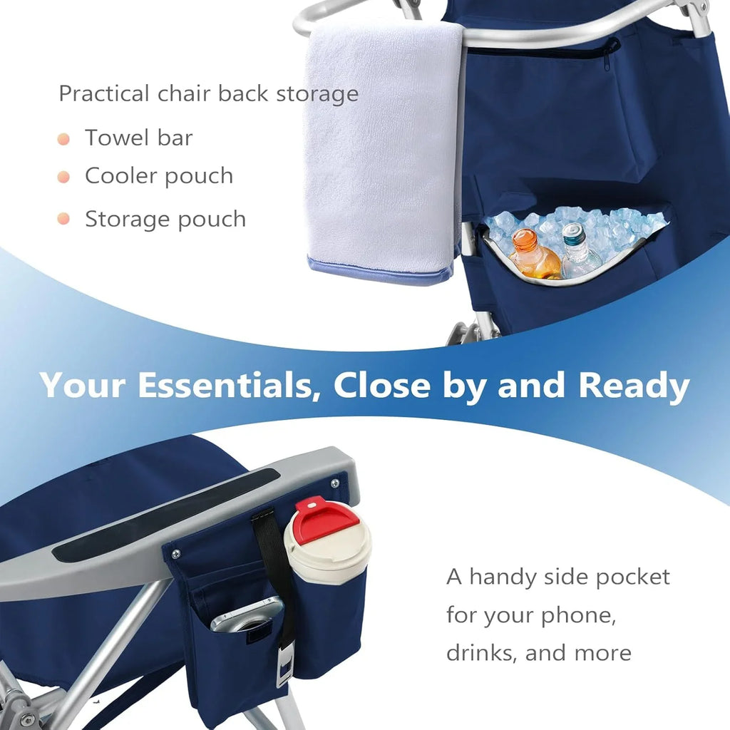 Lot de 2 chaises de plage compactes et portables pour adultes, en aluminium, 5 positions, avec pochette isotherme