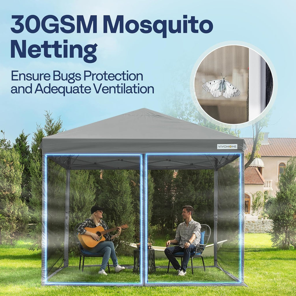 Auvent escamotable facile à monter de 10 x 10 pieds, tente moustiquaire d'extérieur avec moustiquaire, 2 portes à glissière et sac à roulettes