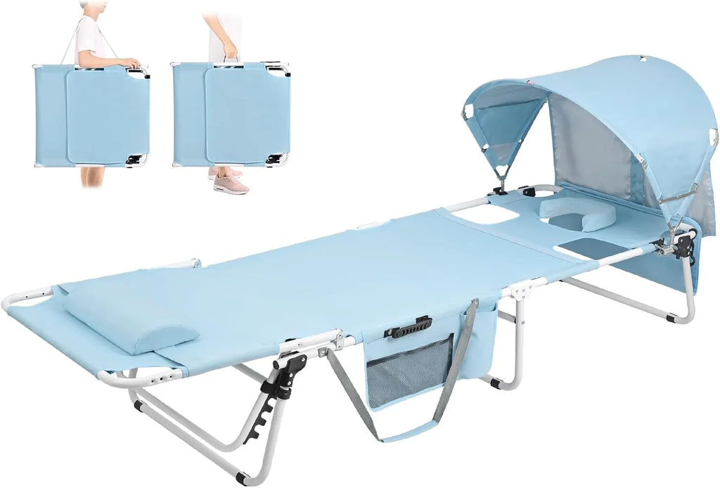 Chaise longue pliante robuste avec parasol, inclinable 5 positions, pour adultes