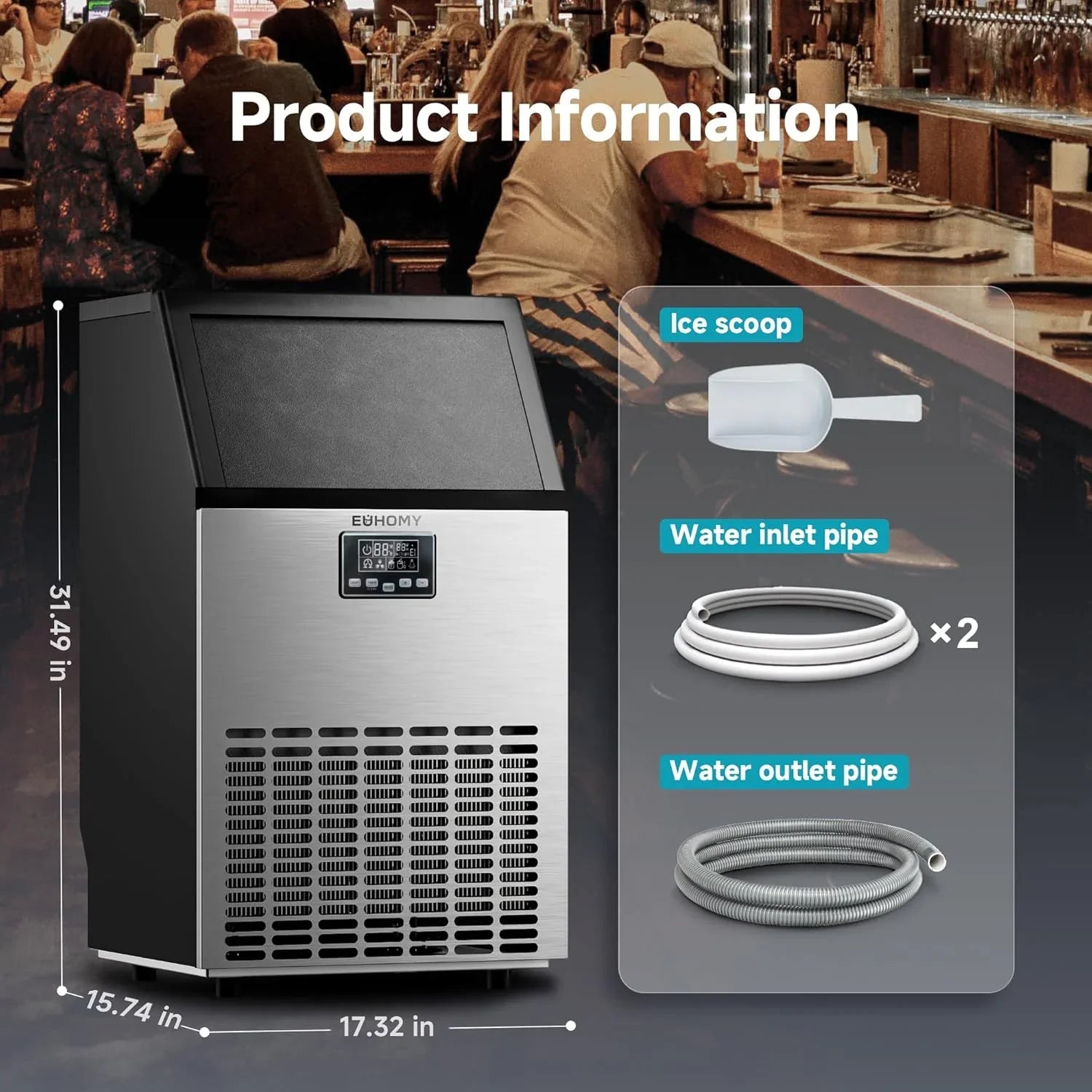 EUHOMY Machine à glaçons commerciale Machine à glaçons sous le comptoir en acier inoxydable Machine à glaçons autonome.