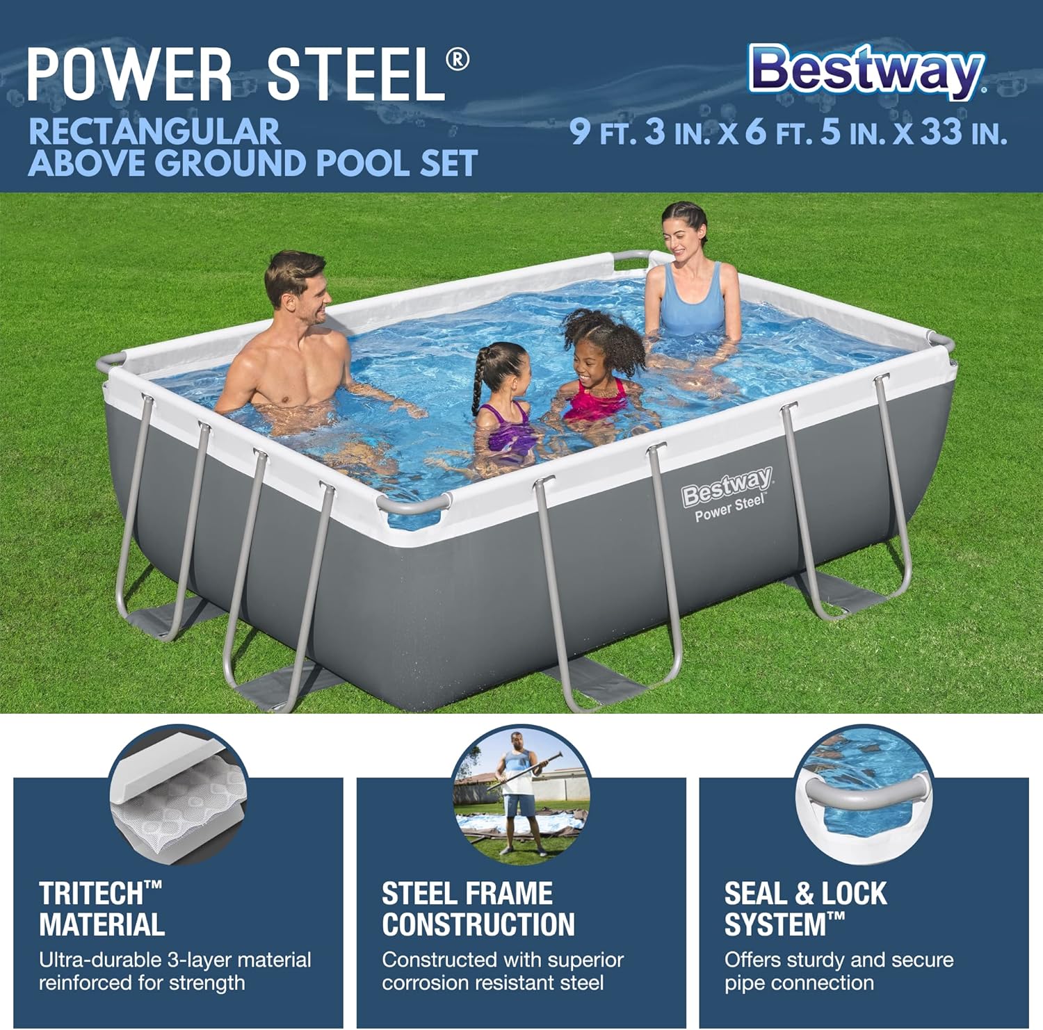 Piscine hors sol ovale Power Steel 4,3 m x 2,4 m x 100 cm | Comprend une pompe de filtration de 2070 litres, une échelle et un distributeur ChemConnect.