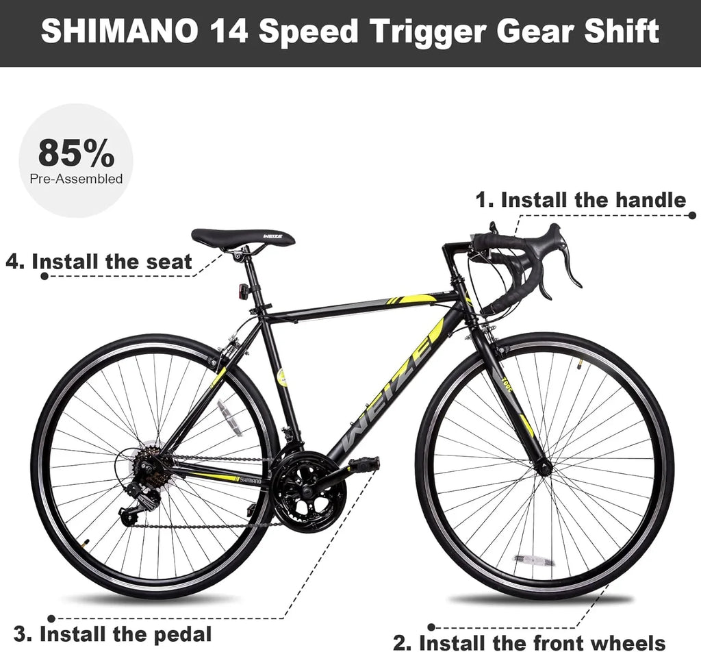 Vélo de route WEIZE, vélo de ville avec roues 700C, guidon Shimano 14 vitesses, vélo de course adulte avec freins à étrier, vélo hybride en acier à haute teneur en carbone