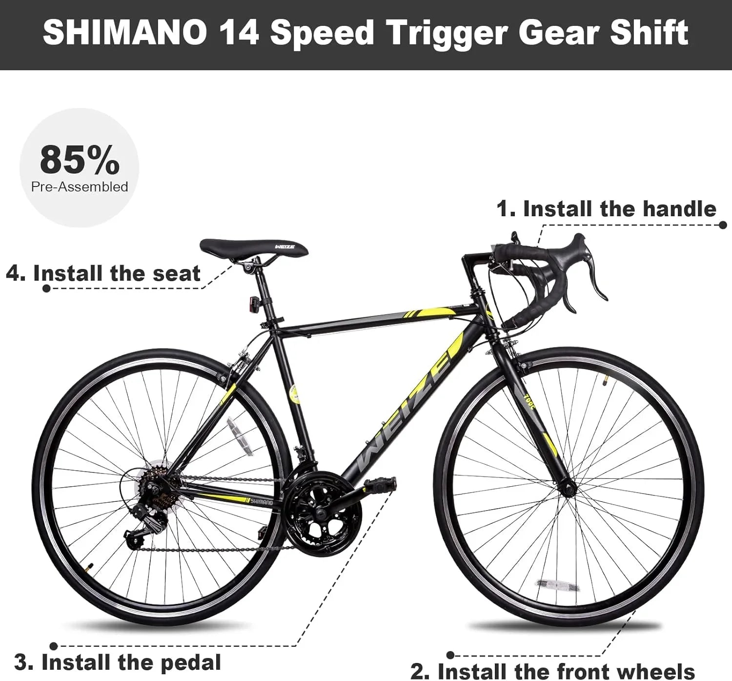 Vélo de route WEIZE, vélo de ville avec roues 700C, guidon Shimano 14 vitesses, vélo de course adulte avec freins à étrier, vélo hybride en acier à haute teneur en carbone