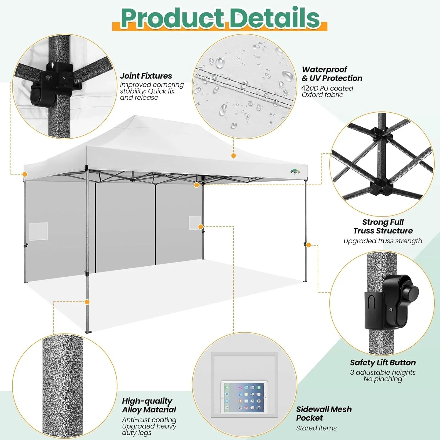 Tente pop-up robuste COBIZI 10x20 avec 6 parois latérales, facile à installer