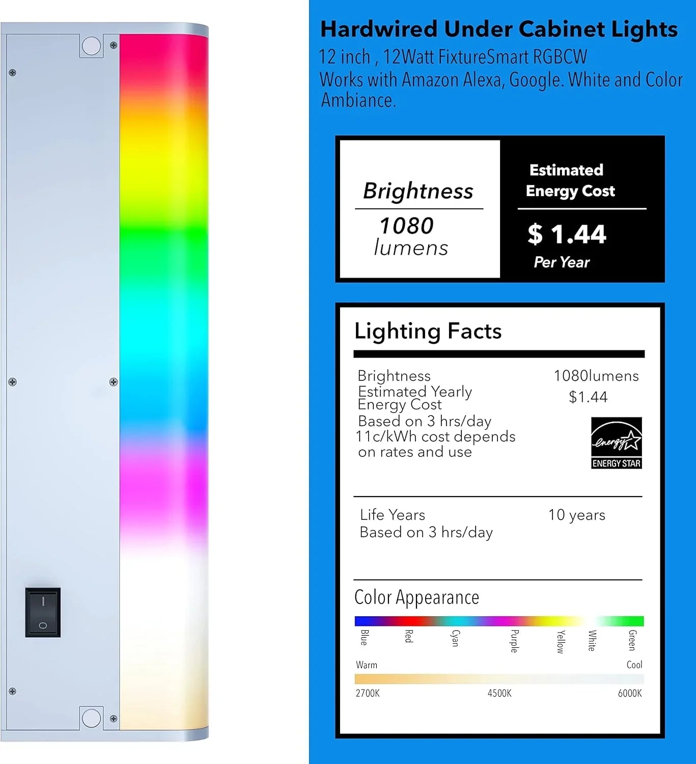 Bande lumineuse intelligente sous meuble, blanche et à intensité variable