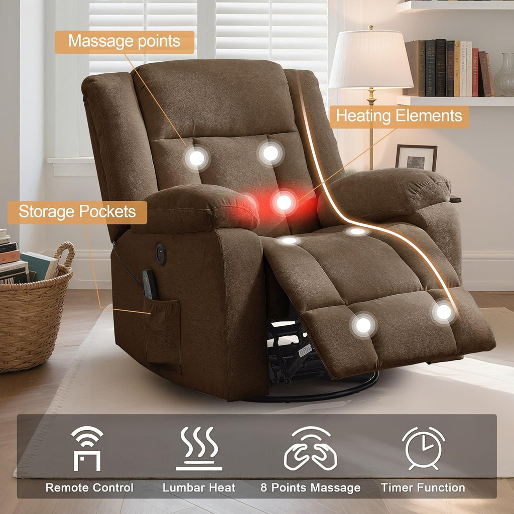 Fauteuil à bascule pour adulte, fauteuil inclinable coulissant, fauteuil à bascule rotatif à 360° avec fonction massage et chauffage