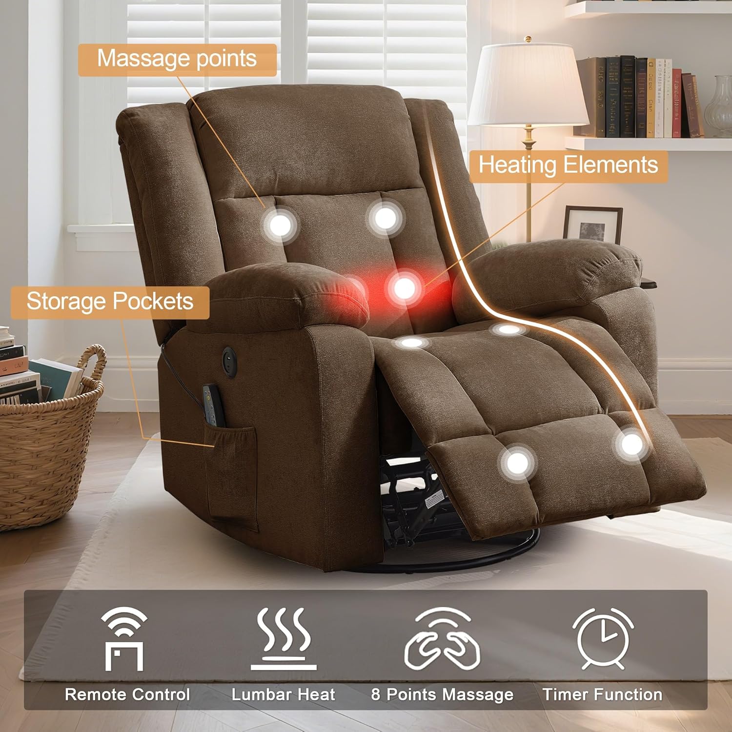 Fauteuil à bascule pour adulte, fauteuil inclinable coulissant, fauteuil à bascule rotatif à 360° avec fonction massage et chauffage