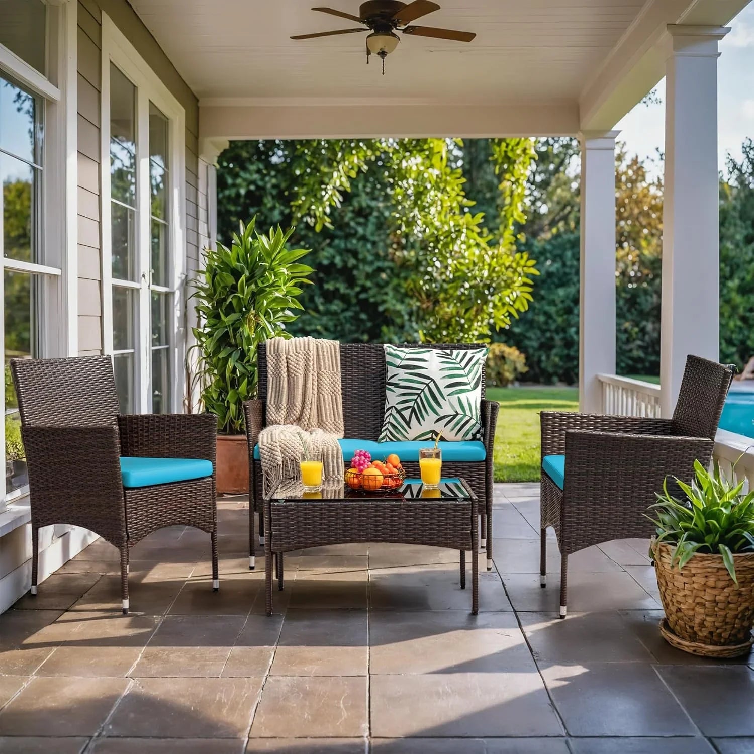 Ensemble de meubles de patio extérieur Homall 4 pièces avec chaises en rotin et osier