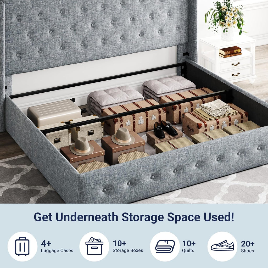 Lit queen-size relevable avec rangement Allewie, tête de lit à oreilles moderne et support hydraulique