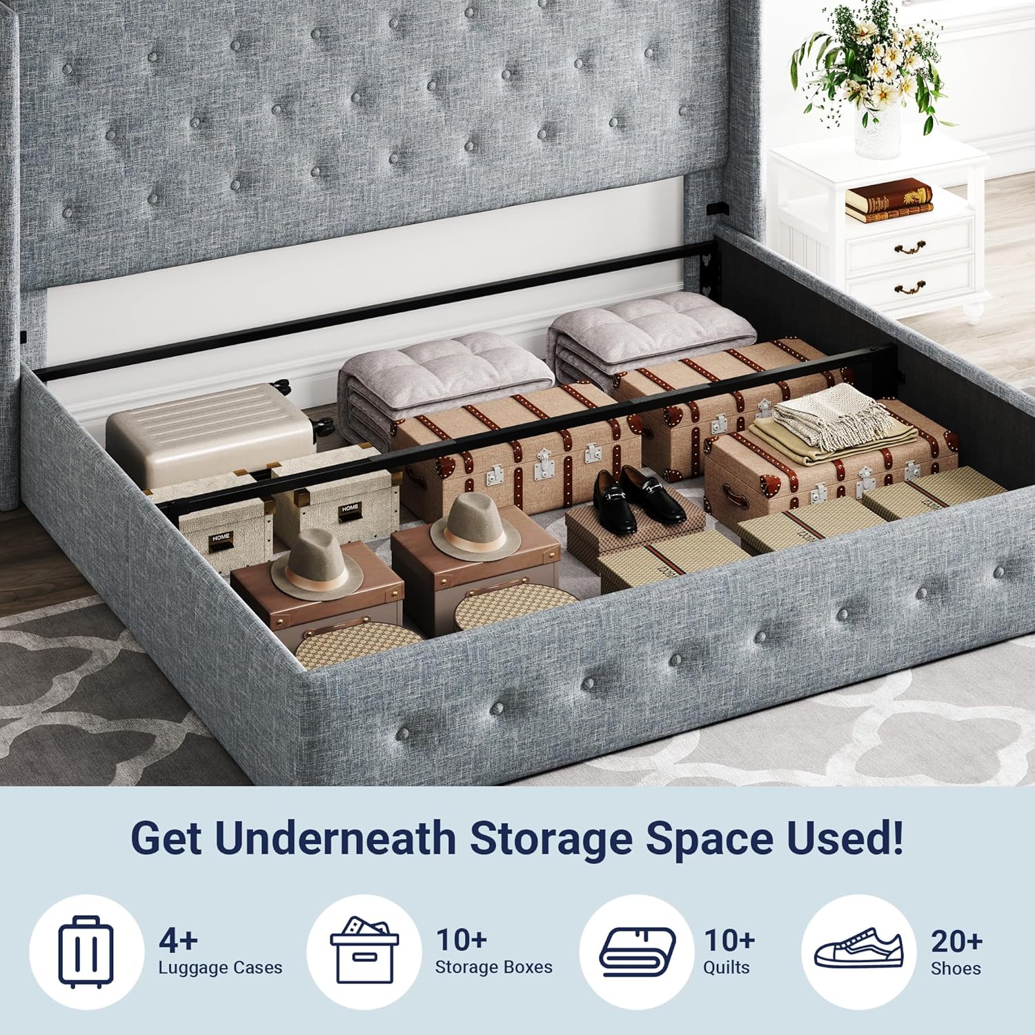 Lit queen-size relevable avec rangement Allewie, tête de lit à oreilles moderne et support hydraulique