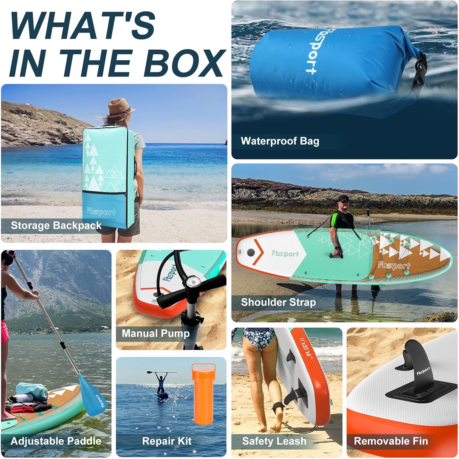 Planche de stand up paddle FBSPORT Premium 11', planche de yoga, contrôle du surf, pont antidérapant, attache, pagaie et pompe