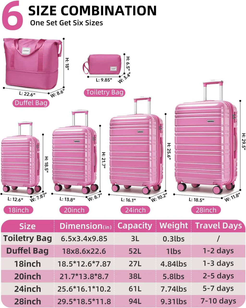Ensemble de bagages 6 pièces, ensemble de valises rigides extensibles avec roulettes pivotantes, ensemble de bagages à roulettes légers
