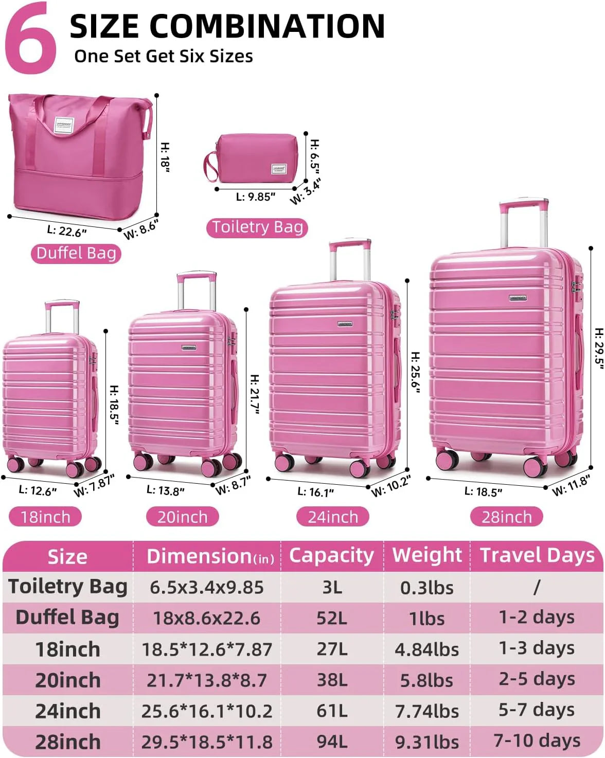 Ensemble de bagages 6 pièces, ensemble de valises rigides extensibles avec roulettes pivotantes, ensemble de bagages à roulettes légers
