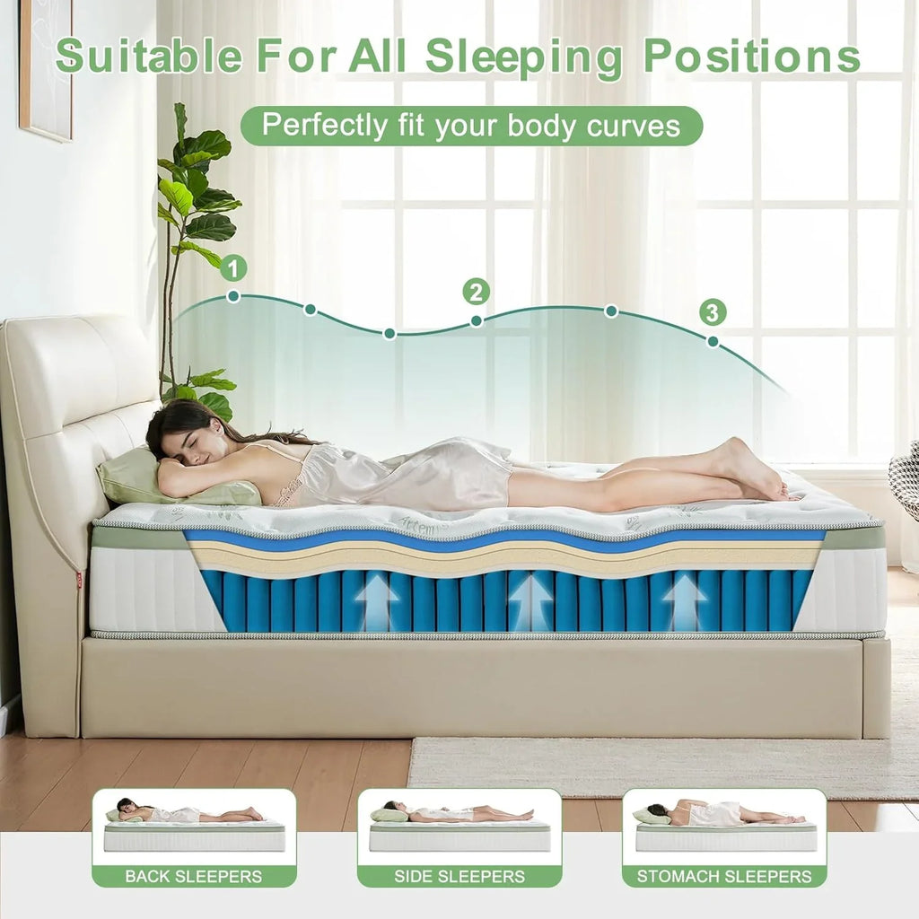 Matelas queen size de 12 pouces, matelas hybride en mousse à mémoire de forme mi-ferme avec ressorts ensachés