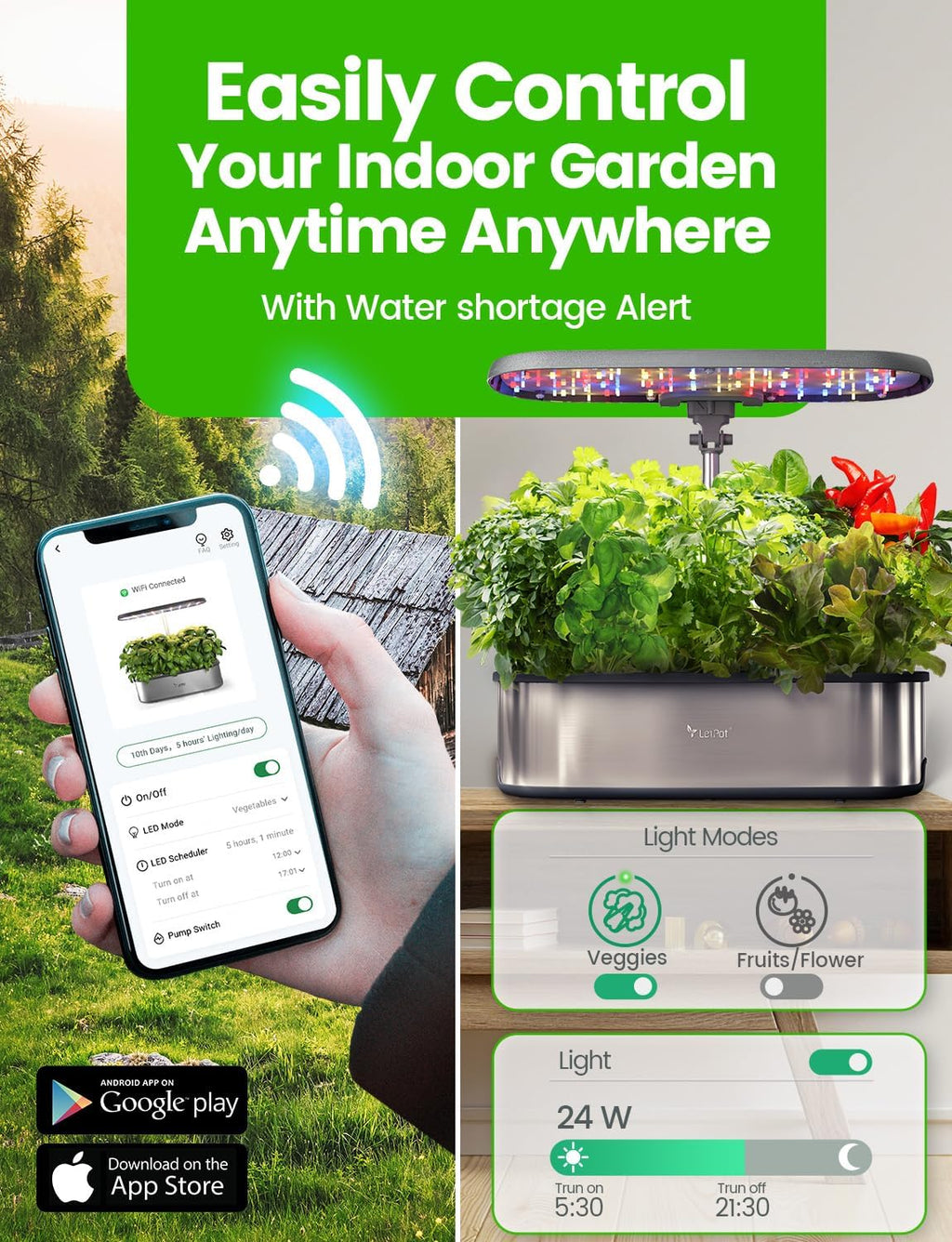 Système de plantation hydroponique, jardin d'intérieur intelligent pour 12 herbes aromatiques, contrôle par application et Wi-Fi, avec LED de croissance 24 W, réservoir d'eau 5,5 L, système de pompage et minuterie automatique.