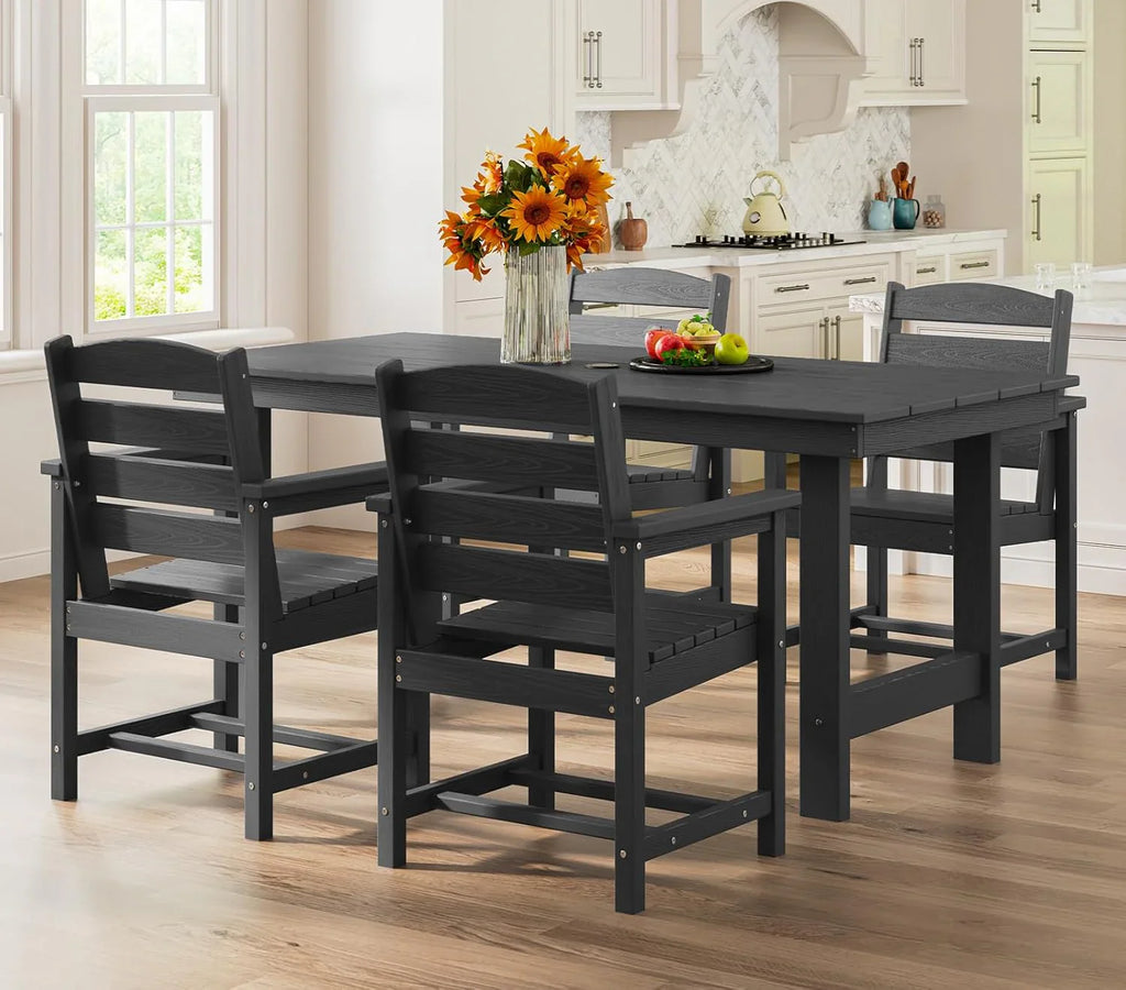 Ensemble de salle à manger d'extérieur en PEHD, 7 pièces, avec table découpée pour parasol et 6 chaises