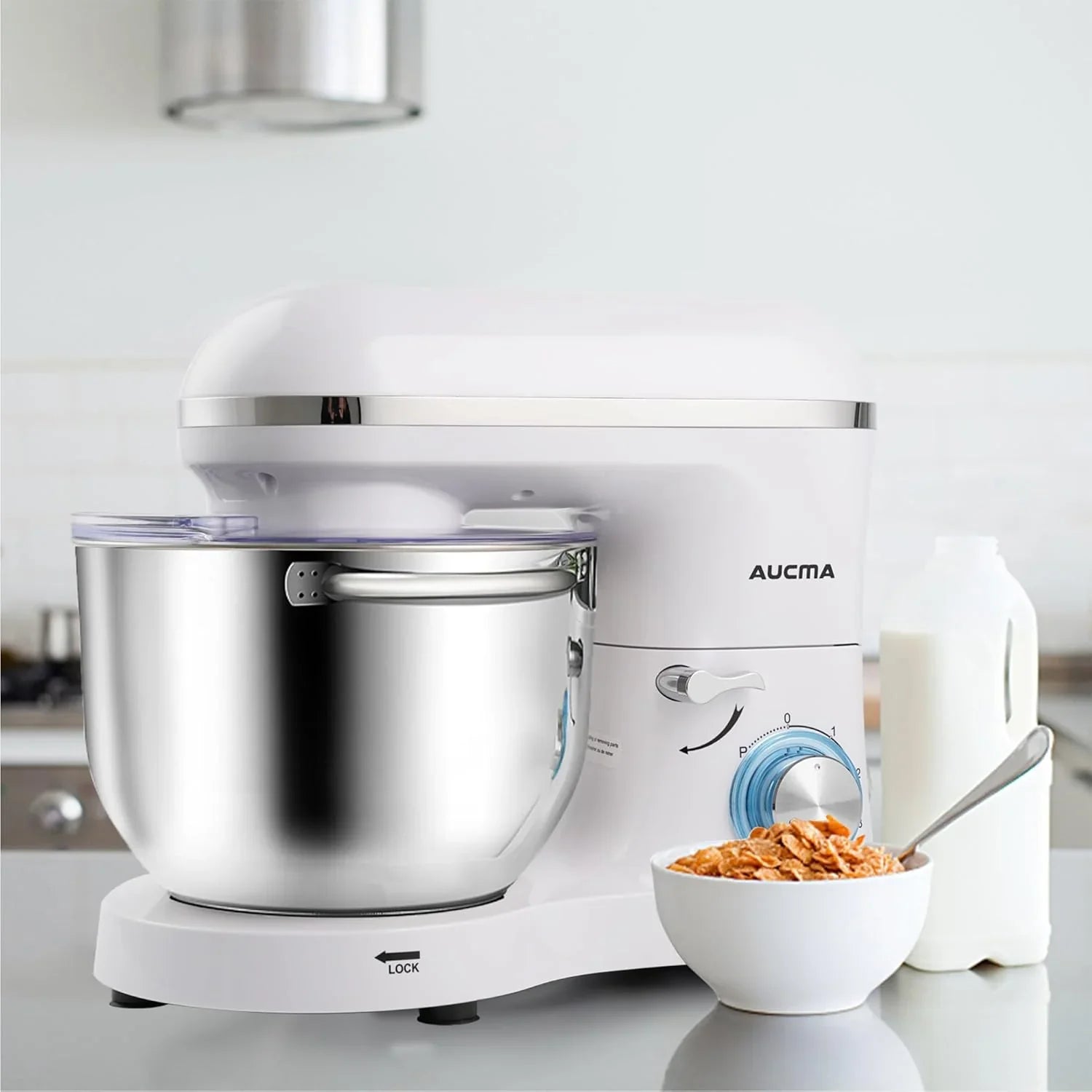 Batteur sur socle Aucma, 6,5 pintes, 660 W, 6 vitesses, tête inclinable, batteur électrique de cuisine avec crochet pétrisseur