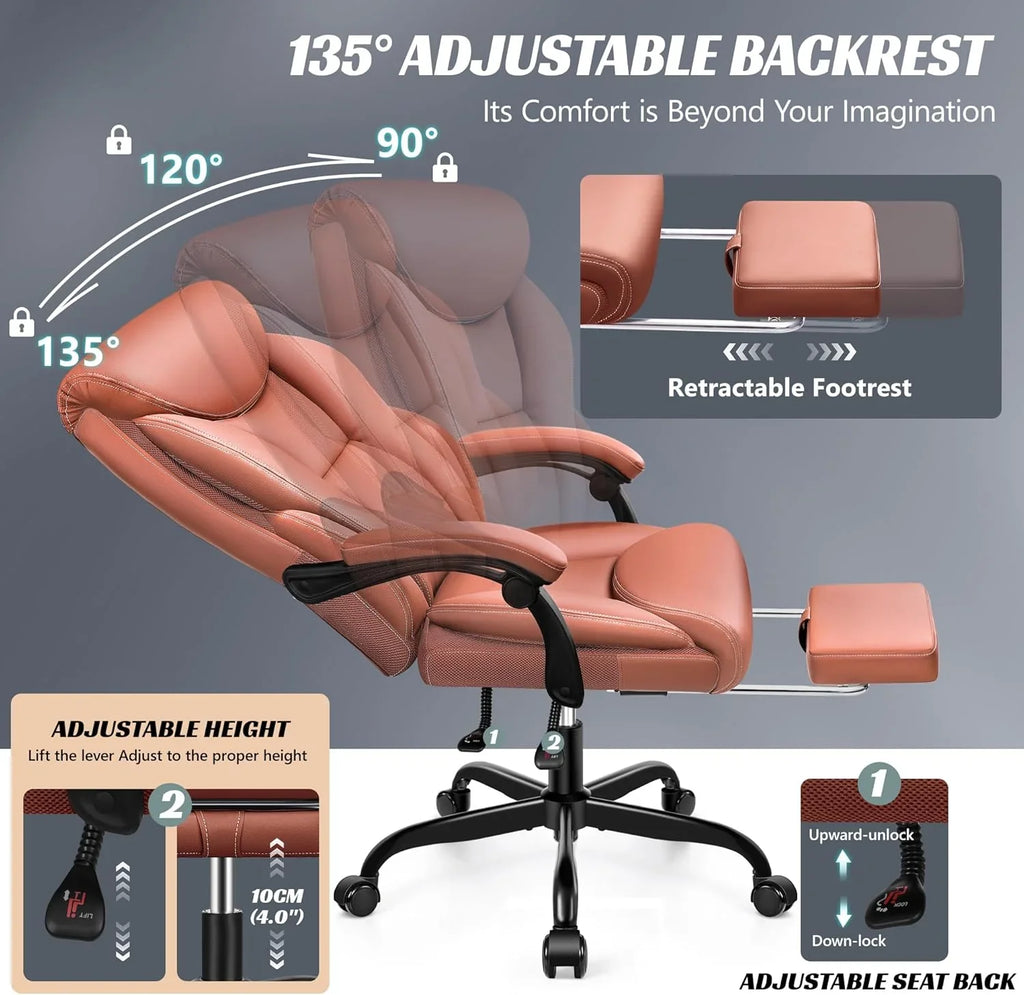 Chaise de bureau pivotante à pieds hauts, en cuir respirant, avec support lombaire