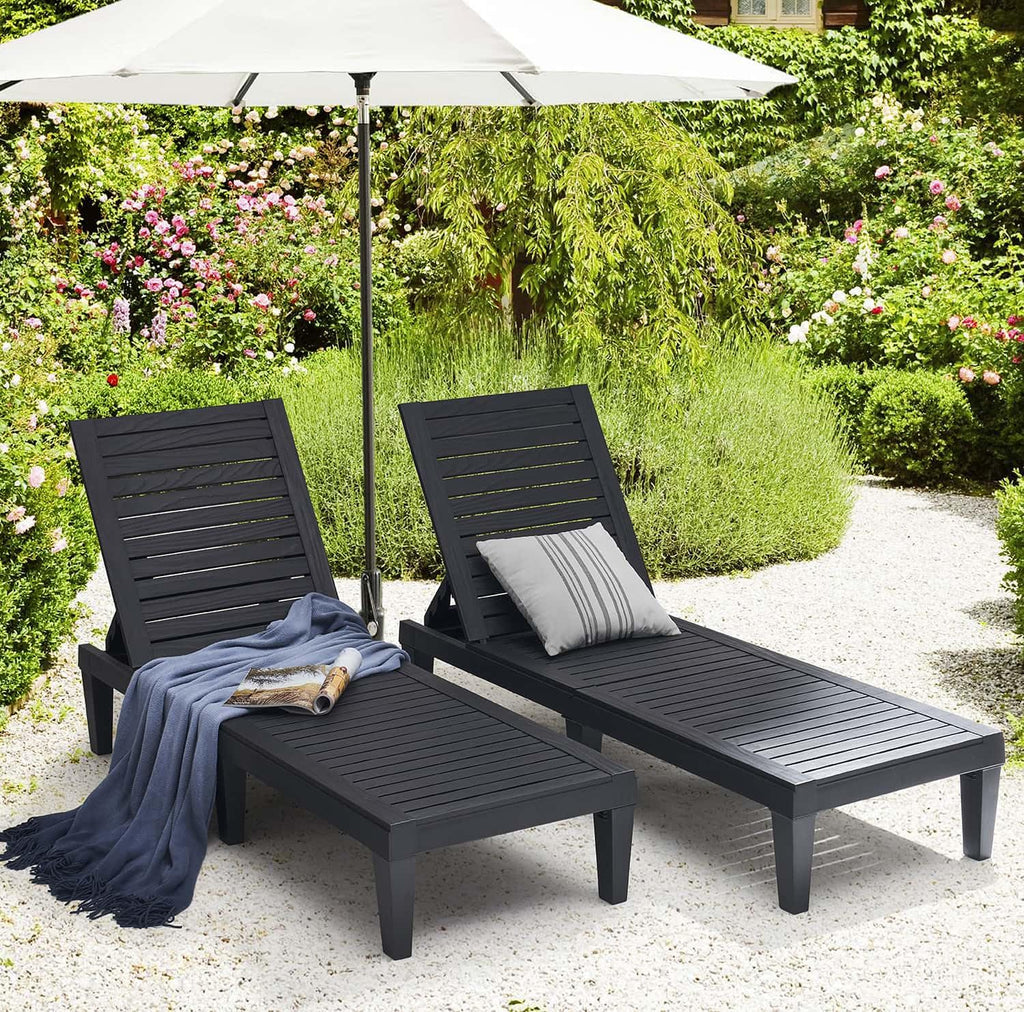 Chaises de patio - Ensemble de 2 chaises longues noires pour l'extérieur, chaise longue de jardin légère