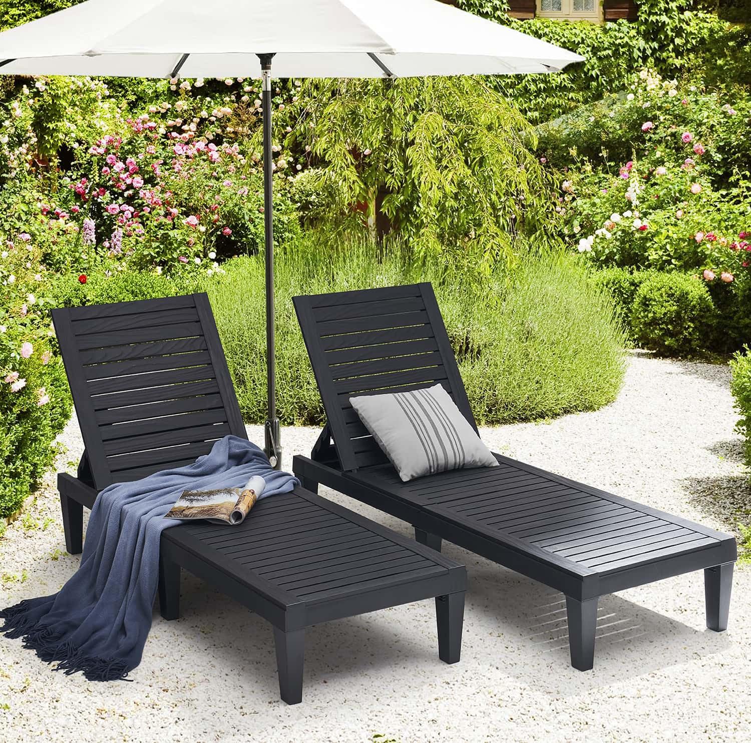 Chaises de patio - Ensemble de 2 chaises longues noires pour l'extérieur, chaise longue de jardin légère