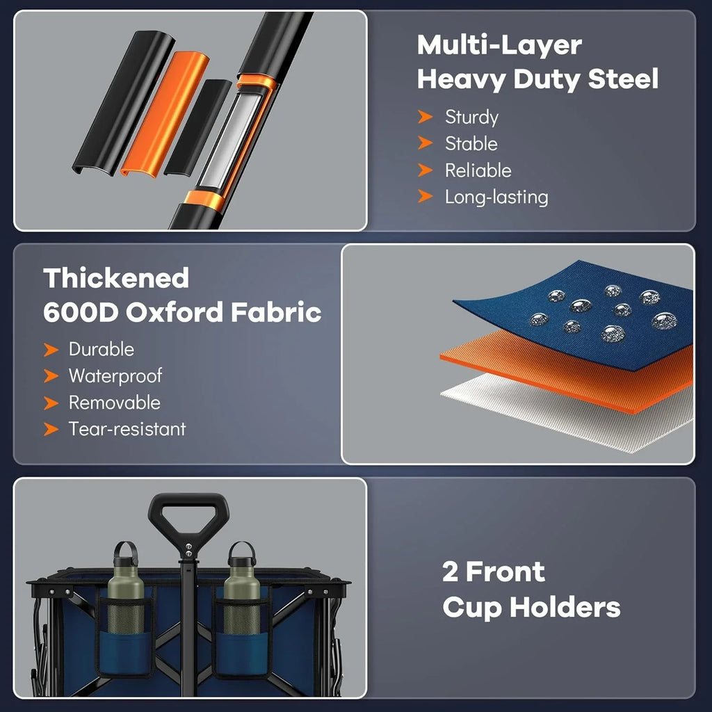 Poussette pliable à quatre roues de 96 cm de long, pliable, capacité de 200 kg, poussette de plage pliable robuste de 220 litres avec de grands pneus tout-terrain