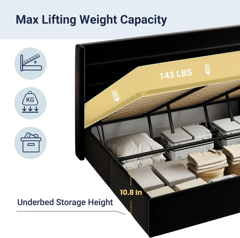 Lit queen-size relevable avec rangement Allewie, tête de lit à oreilles moderne et support hydraulique
