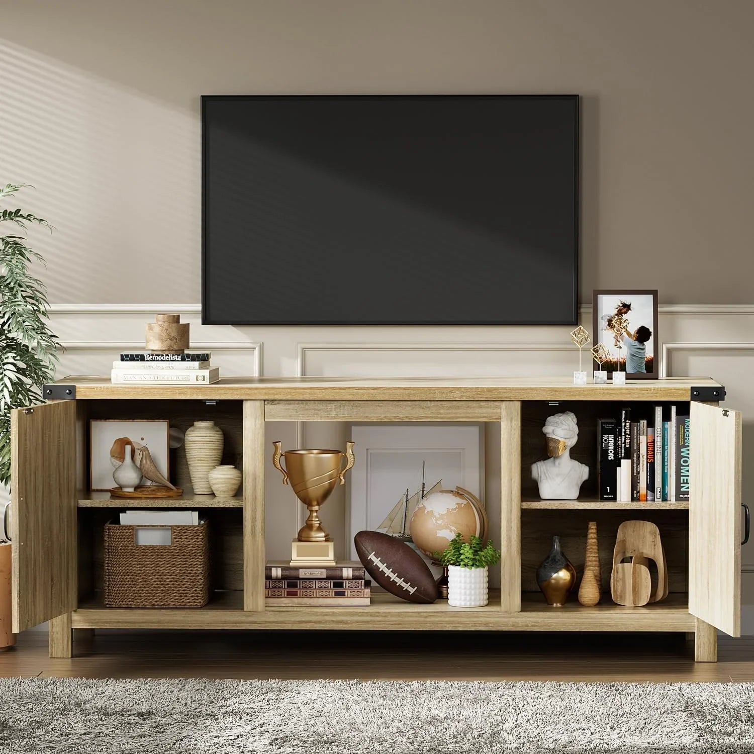 YESHOMY tv-meubel met open haard en twee schuifdeuren, opbergkasten voor tv's tot 65 inch en groter, entertainmentmeubel, mediameubel voor de woonkamer, 58 inch 