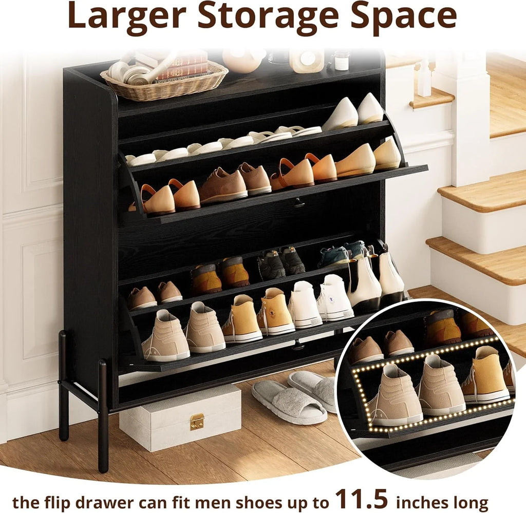 Meuble à chaussures IRONCK avec 2 tiroirs rabattables, meuble de rangement à chaussures indépendant en bois