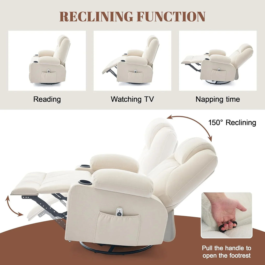 Grand fauteuil inclinable pivotant à bascule avec fonction chauffage et massage, canapé simple pivotant à 360 degrés