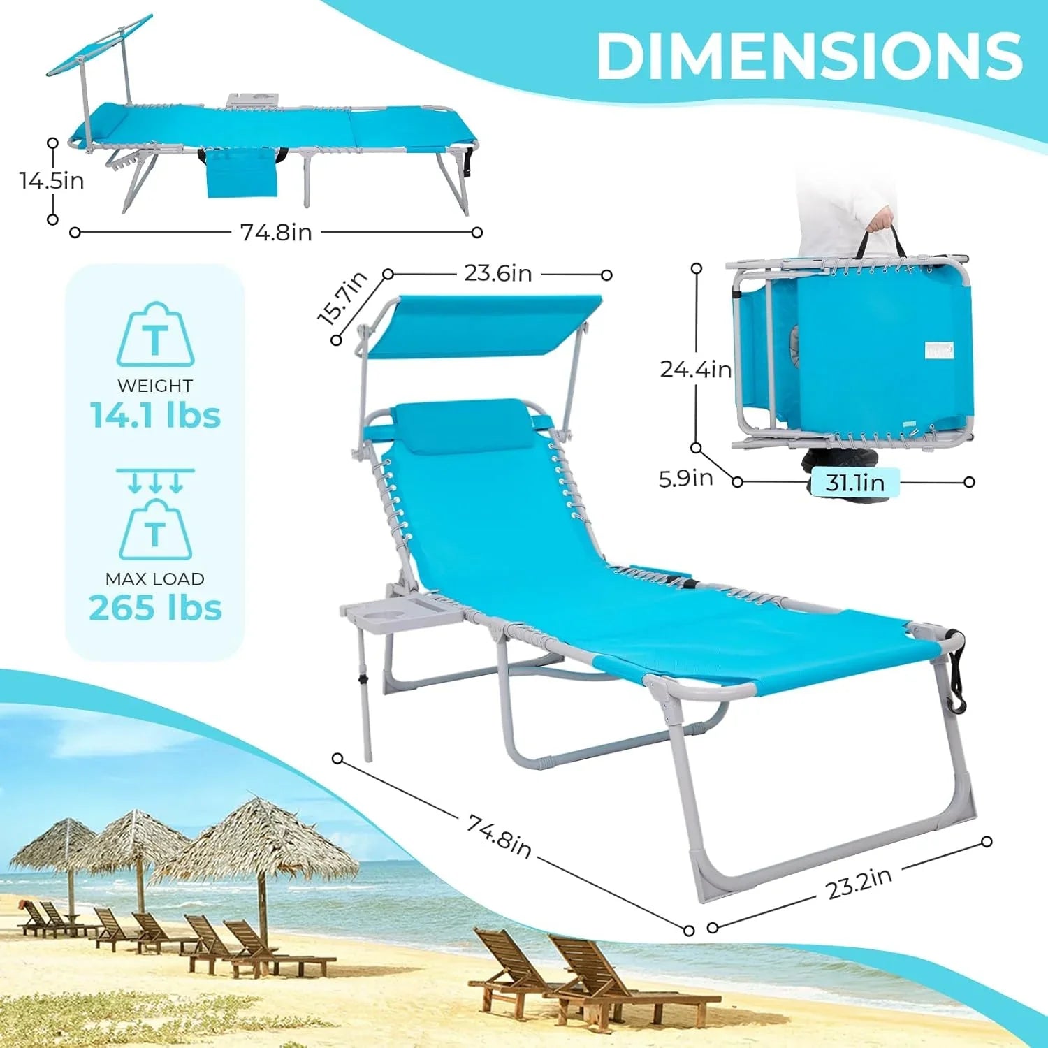 Lot de 2 chaises longues d'extérieur - Chaise longue pliante portable pour patio, piscine, camping, inclinable et réglable sur 5 positions