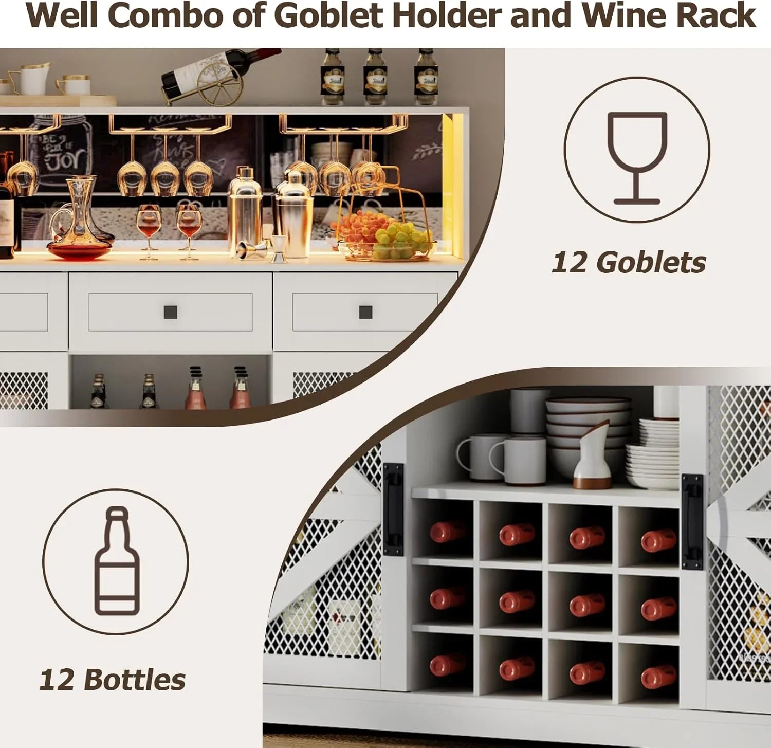 Bar à vin avec éclairage LED, meuble à liqueur avec porte-verres, bar à café pour liqueurs, buffet de rangement avec casiers à vin, armoire à vin