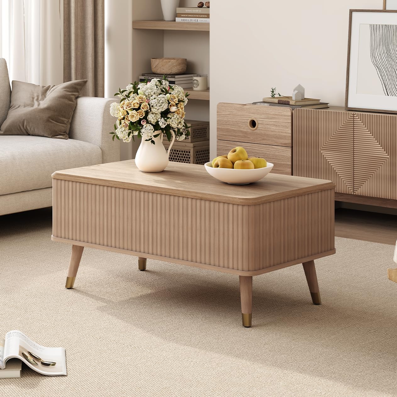 Table basse ronde avec rangement, table centrale encastrée avec portes coulissantes