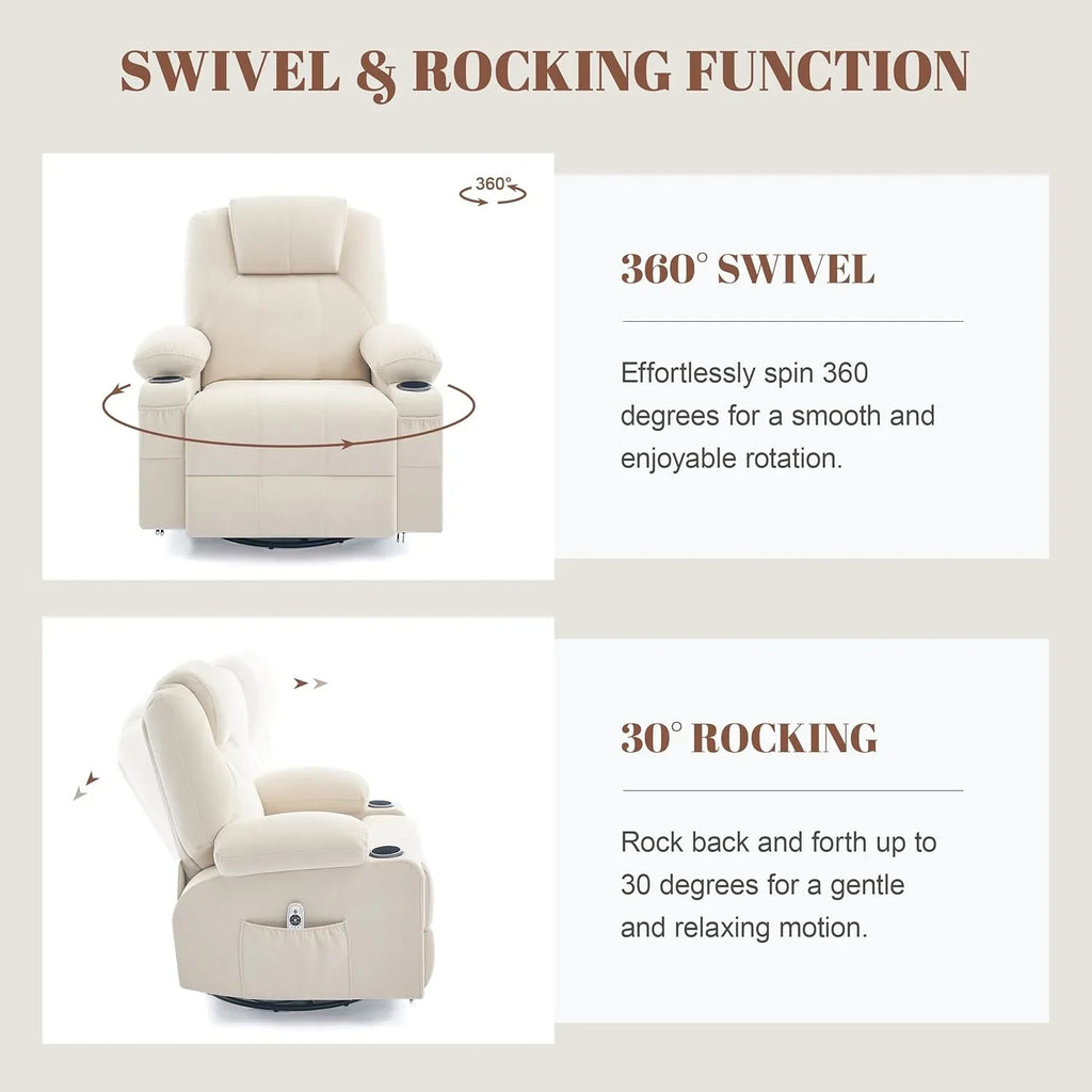 Grand fauteuil inclinable pivotant à bascule avec fonction chauffage et massage, canapé simple pivotant à 360 degrés