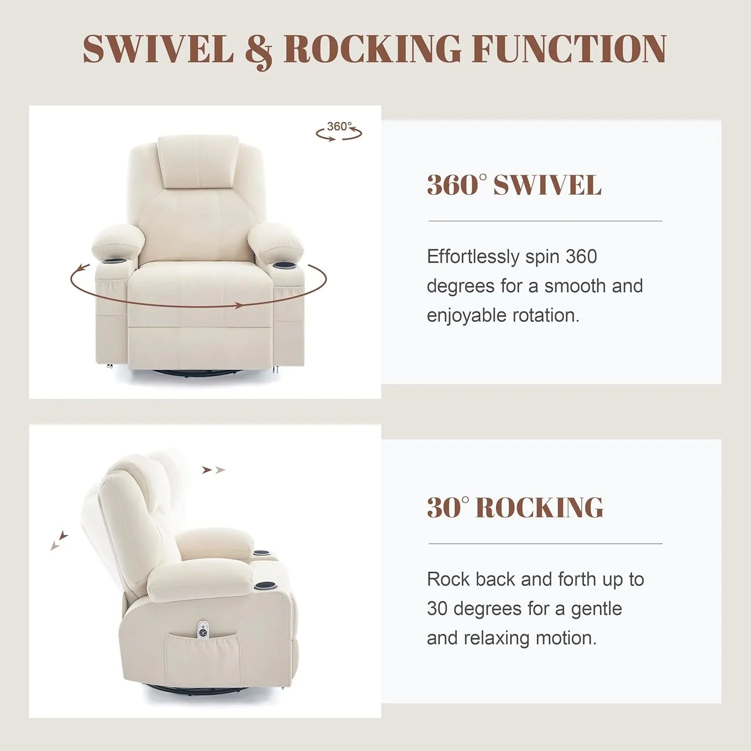 Grand fauteuil inclinable pivotant à bascule avec fonction chauffage et massage, canapé simple pivotant à 360 degrés