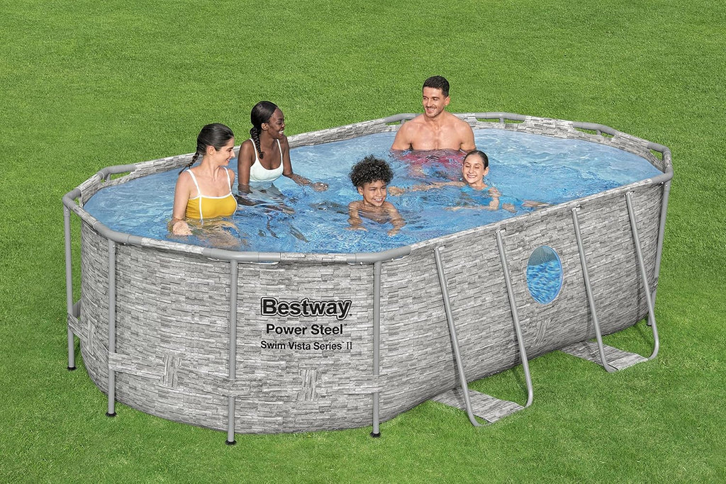 Piscine hors sol ovale Power Steel 4,3 m x 2,4 m x 100 cm | Comprend une pompe de filtration de 2070 litres, une échelle et un distributeur ChemConnect.