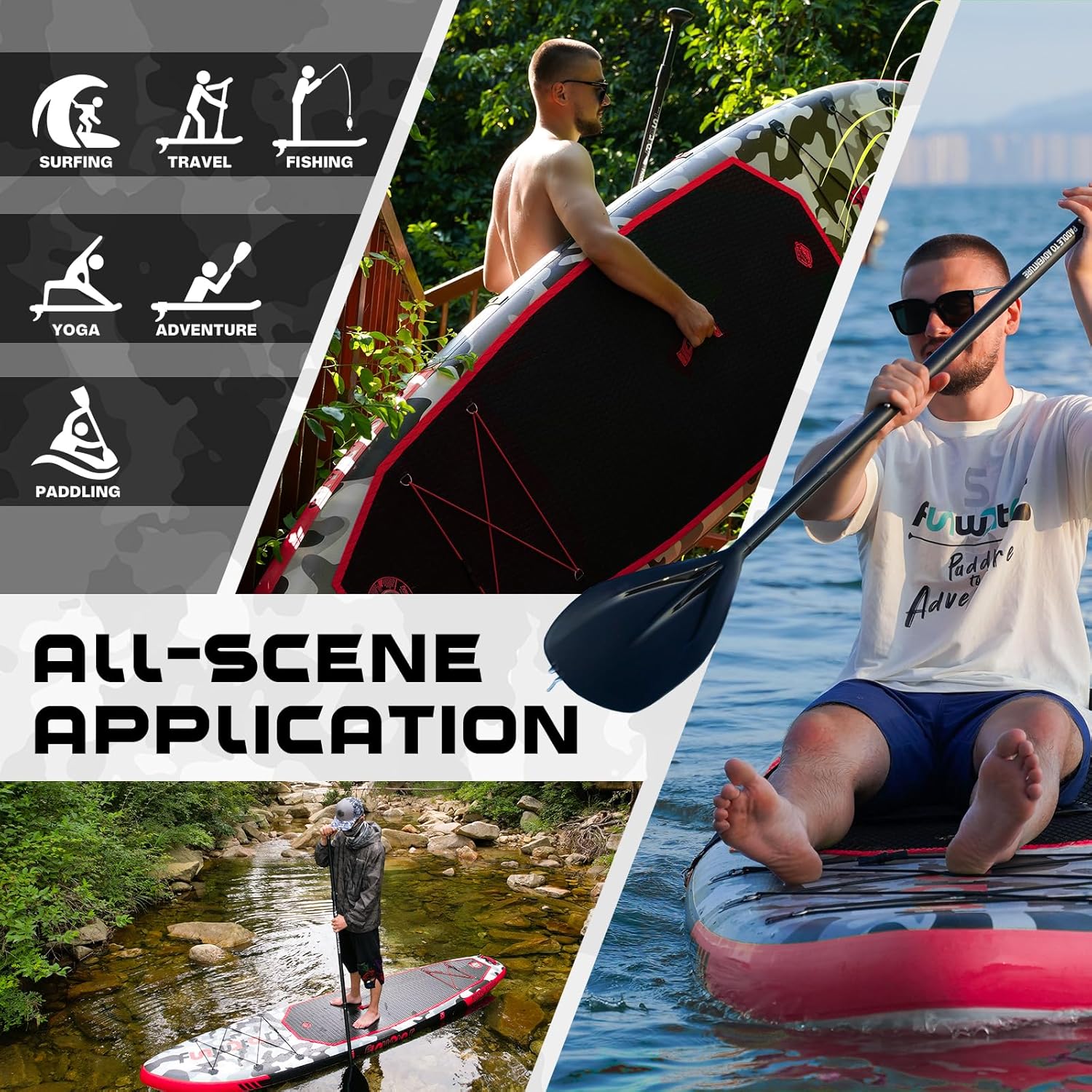 Planche de stand up paddle gonflable FunWater avec accessoires de pagaie SUP haut de gamme, pont EVA antidérapant, pagaie 11'/10'6'