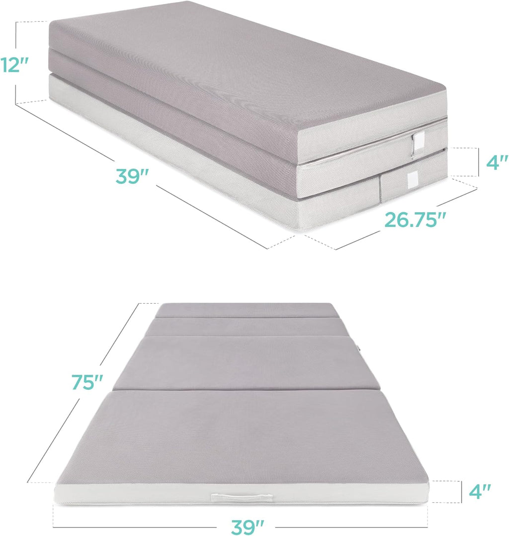 Matelas Queen Size portable de 4 pouces, matelas pliable en trois parties pour camping, invités et tout-petits