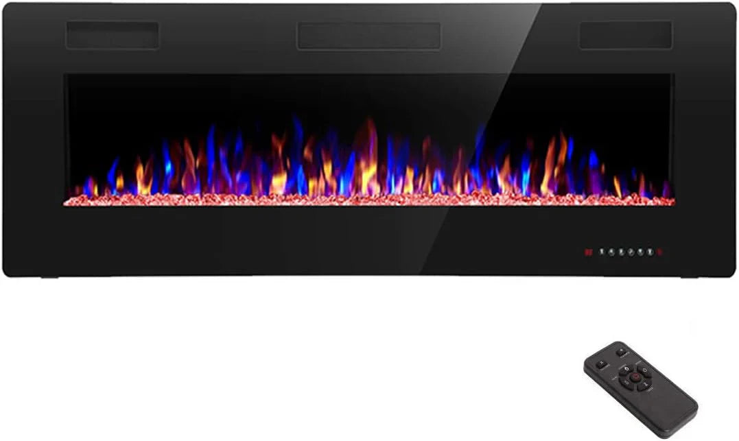 Cheminée électrique encastrée et murale R.W.FLAME 60 po, silencieuse, compatible avec les montants de 2 x 6 po, télécommande avec minuterie, écran tactile, couleur et vitesse de flamme réglables, 750-1500 W