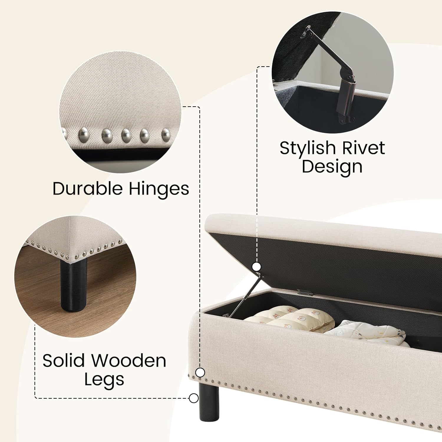 Tabouret de rangement moderne Furniliving, tabouret de bout de lit en bois massif Sherpa, tabouret rembourré tabouret d'intérieur