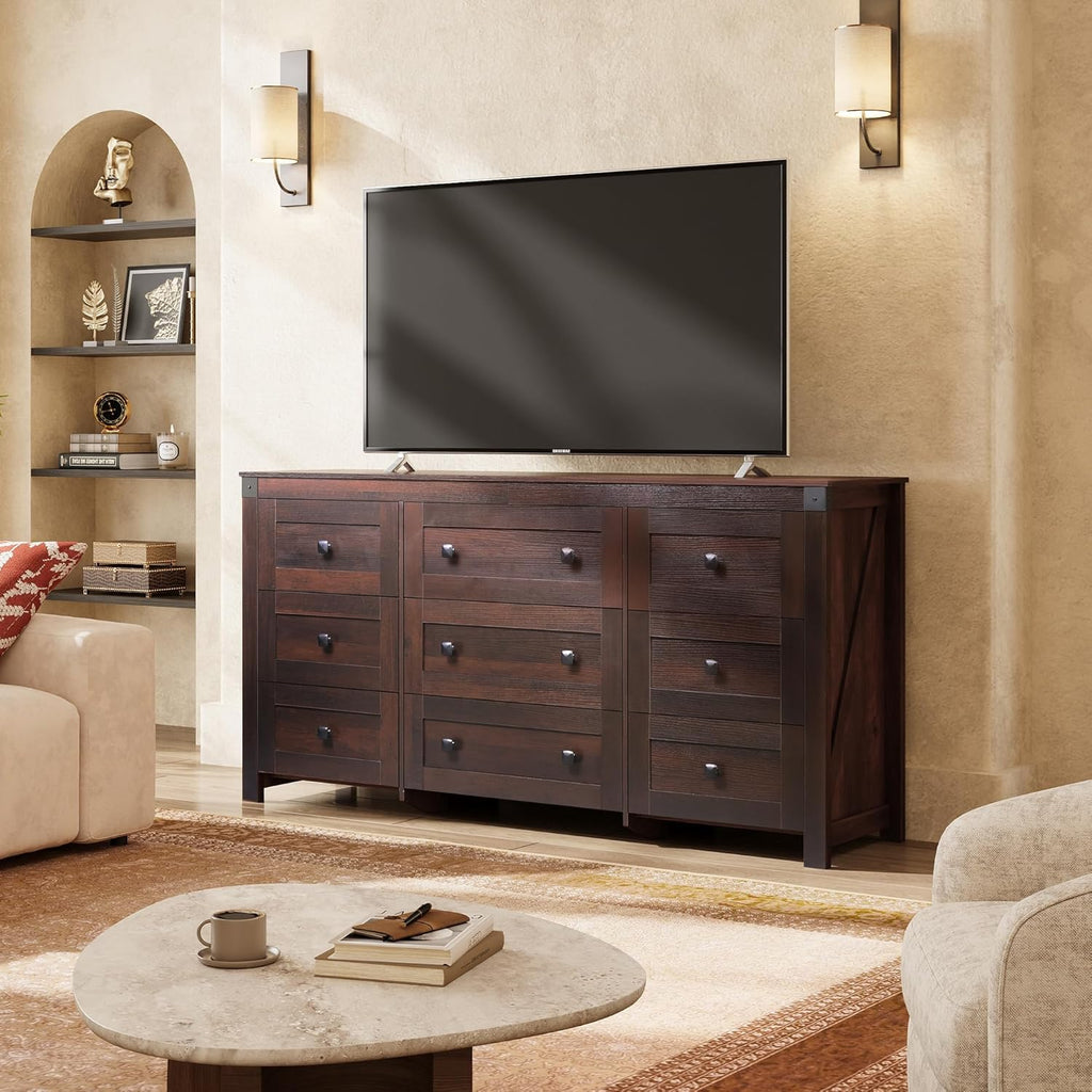 Commode LED à 9 tiroirs pour chambre à coucher, 148 cm de large, organiseur de rangement en bois avec prise électrique