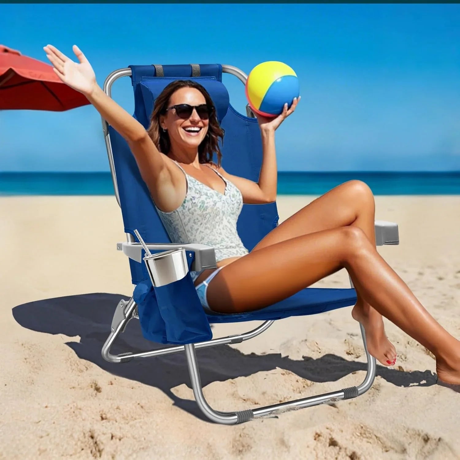 Lot de 2 chaises de plage compactes et portables pour adultes, en aluminium, 5 positions, avec pochette isotherme