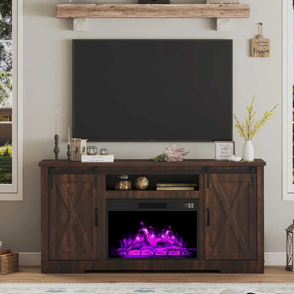 Meuble TV avec cheminée AMERLIFE et portes coulissantes style grange, compatible avec les téléviseurs jusqu'à 73 pouces, centre de divertissement avec cheminée de style ferme