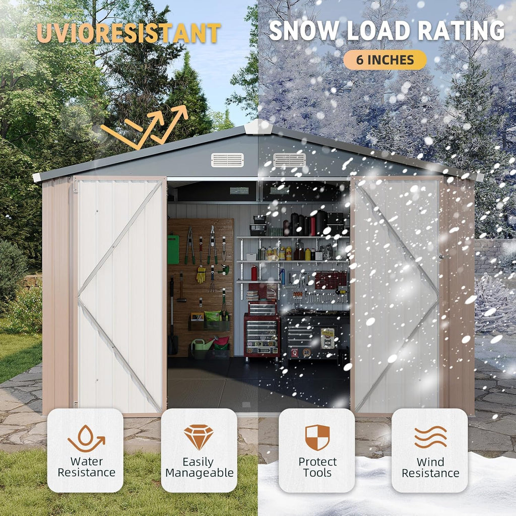 Abri de jardin Aoxun 7,4 x 5,3 pi, plancher en acier galvanisé, abri de jardin en métal, portes doubles