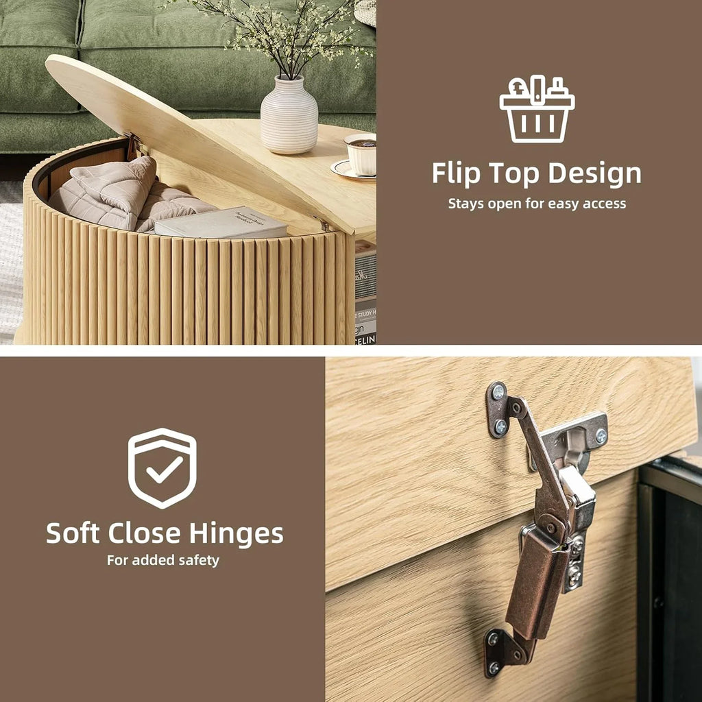 Table basse ronde avec rangement, table centrale encastrée avec portes coulissantes