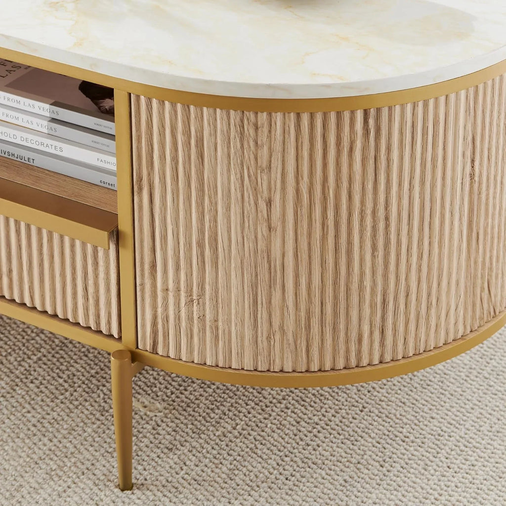 Table basse ovale de luxe moderne rainurée OKD, 48 pouces, avec tiroirs, plateau en imitation marbre