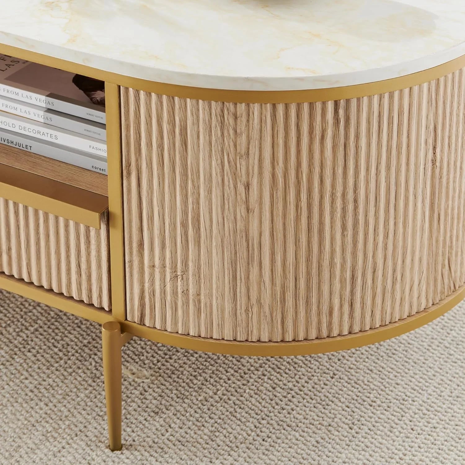 Table basse ovale de luxe moderne rainurée OKD, 48 pouces, avec tiroirs, plateau en imitation marbre