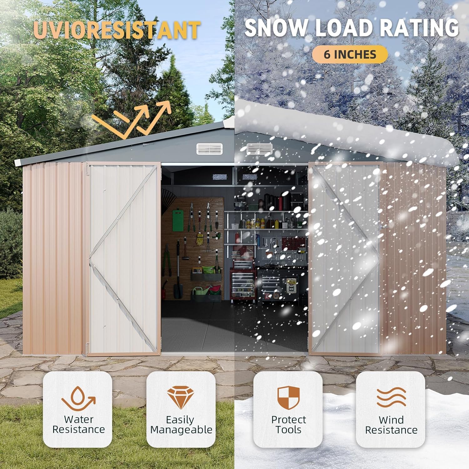 Abri de jardin Aoxun 7,4 x 5,3 pi, plancher en acier galvanisé, abri de jardin en métal, portes doubles