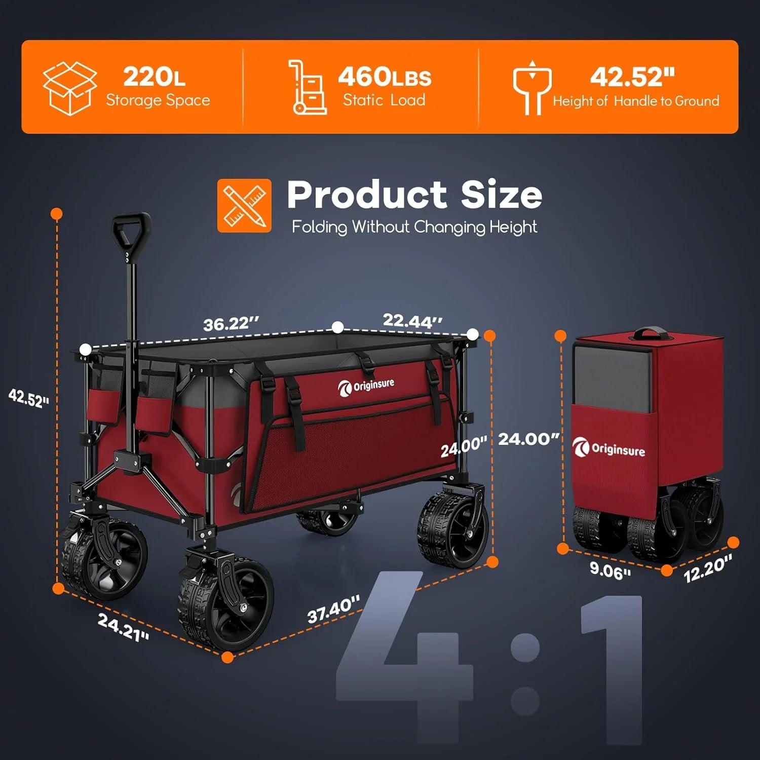 Poussette pliable à quatre roues de 96 cm de long, pliable, capacité de 200 kg, poussette de plage pliable robuste de 220 litres avec de grands pneus tout-terrain