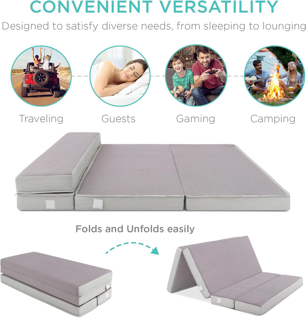 Matelas Queen Size portable de 4 pouces, matelas pliable en trois parties pour camping, invités et tout-petits