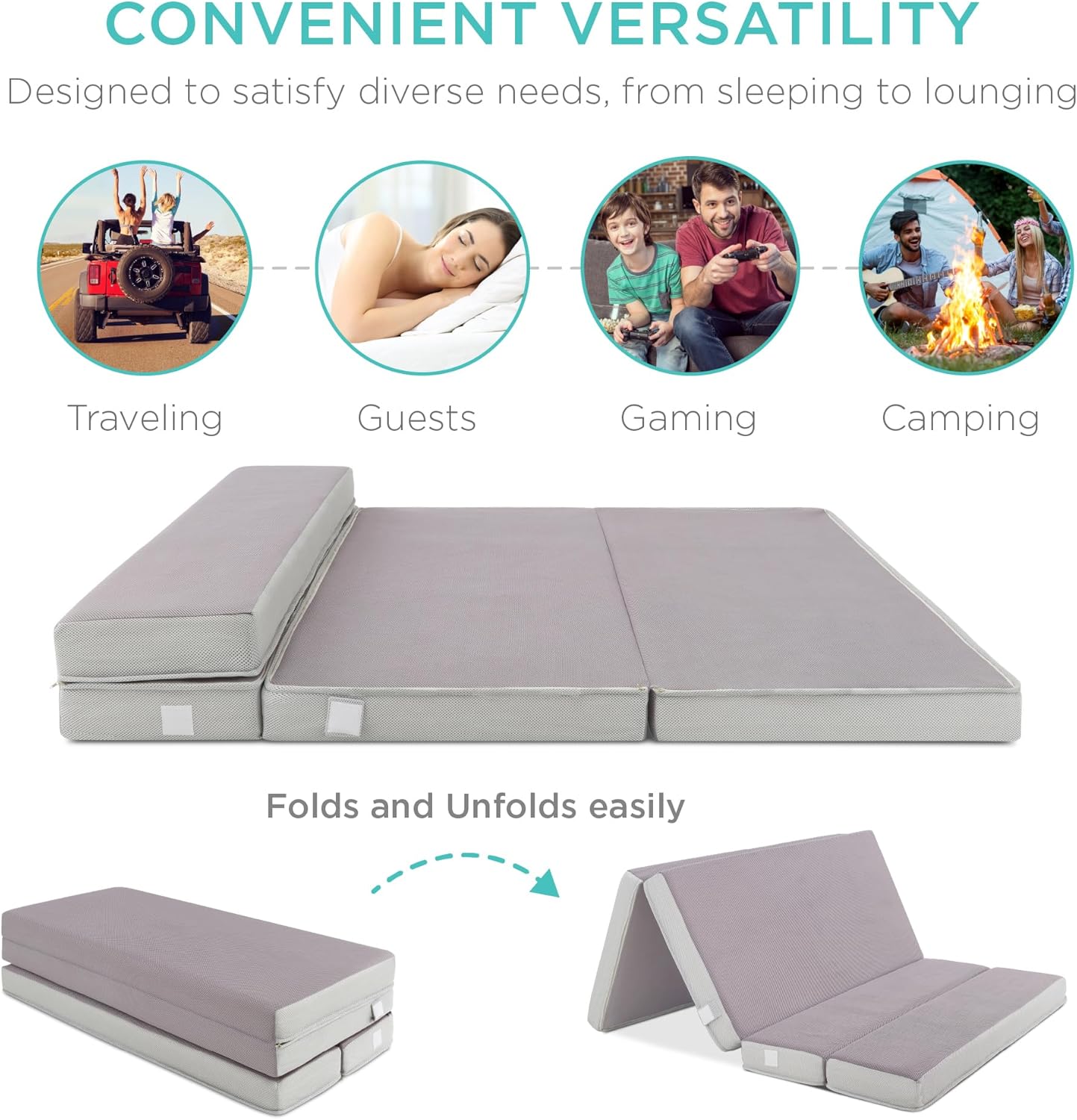 Matelas Queen Size portable de 4 pouces, matelas pliable en trois parties pour camping, invités et tout-petits